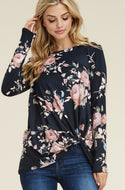 Floral Long Sleeve Twist Hem - Black