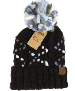 CC Beanie Hat - Chunky Knit Yarn w/ Pom - Black