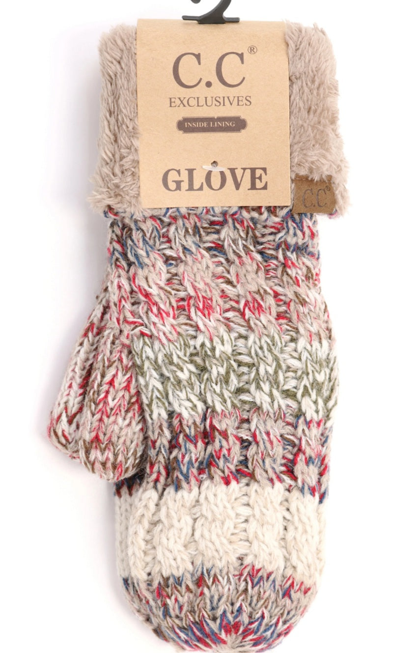 CC Beanie Mittens - Fuzzy Lined Tr-Color - Beige