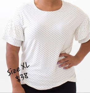 Agnes & Dora Frill Sleeve Top - White with Black Pin Dots
